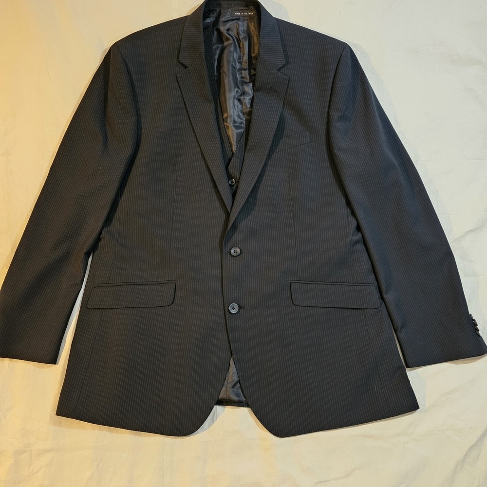 Kenneth Cole Men's Black Pinstripe Wool Blazer‎ Suit Jacket & Vest 48L